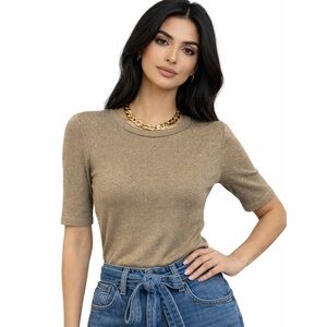 Ona Taupe Metallic Shimmer Ribbed Tee | Wardrobe Basic | Size S
